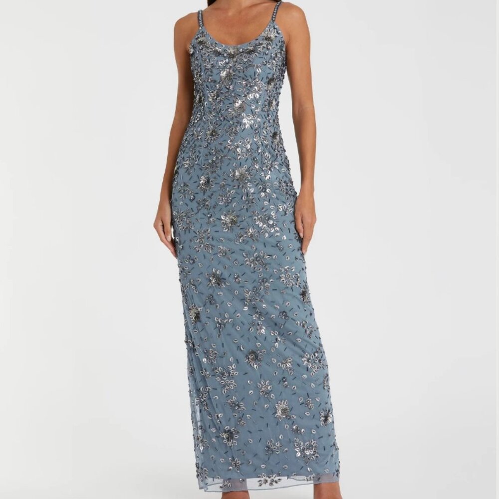 Mac Duggal  Blue Floral Embellished Scoop Neck Evening Gown Size 0 New With Tags